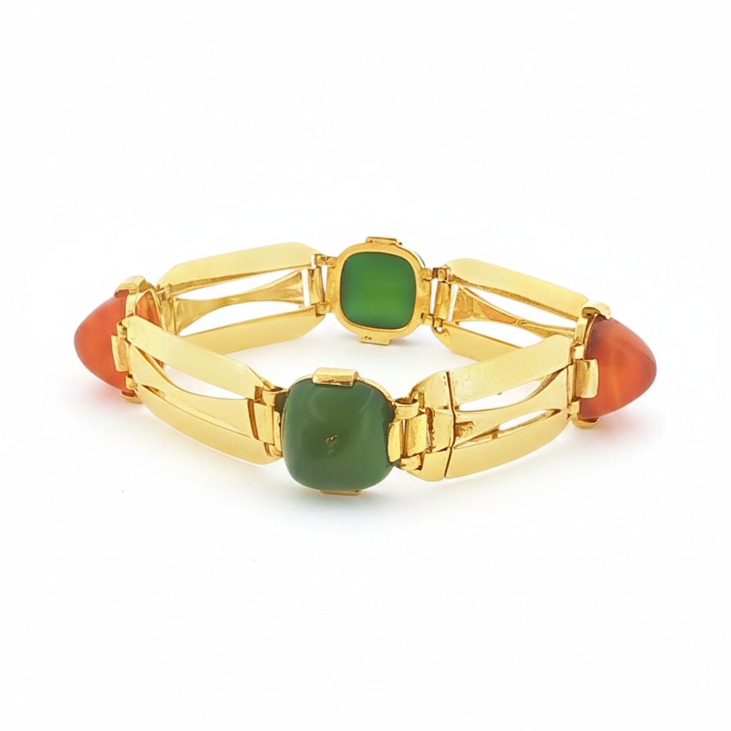 Marzo 18k Yellow Gold Carnelian and Agate Bracelet, France, 1940s