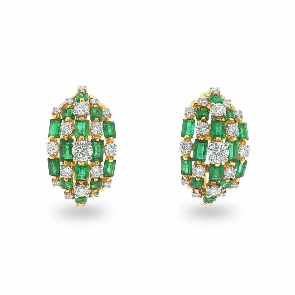 Oscar Heyman 18k Yellow Gold Calibré Cut Emerald and Diamond Earrings Circa 1970