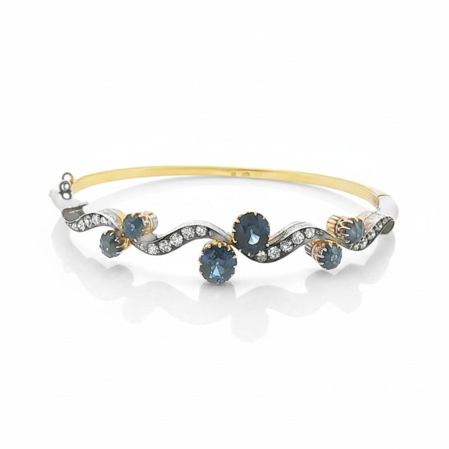 Victorian Gold on Silver Diamond and Sapphire Bangle, Circa 1880
