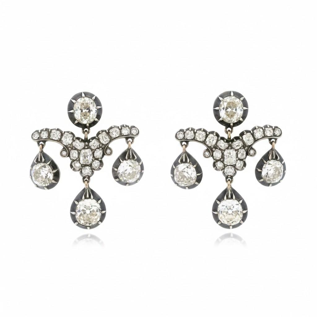 Victorian Old Mine Cut Diamond Silver Topped Gold Chandelier Earrings