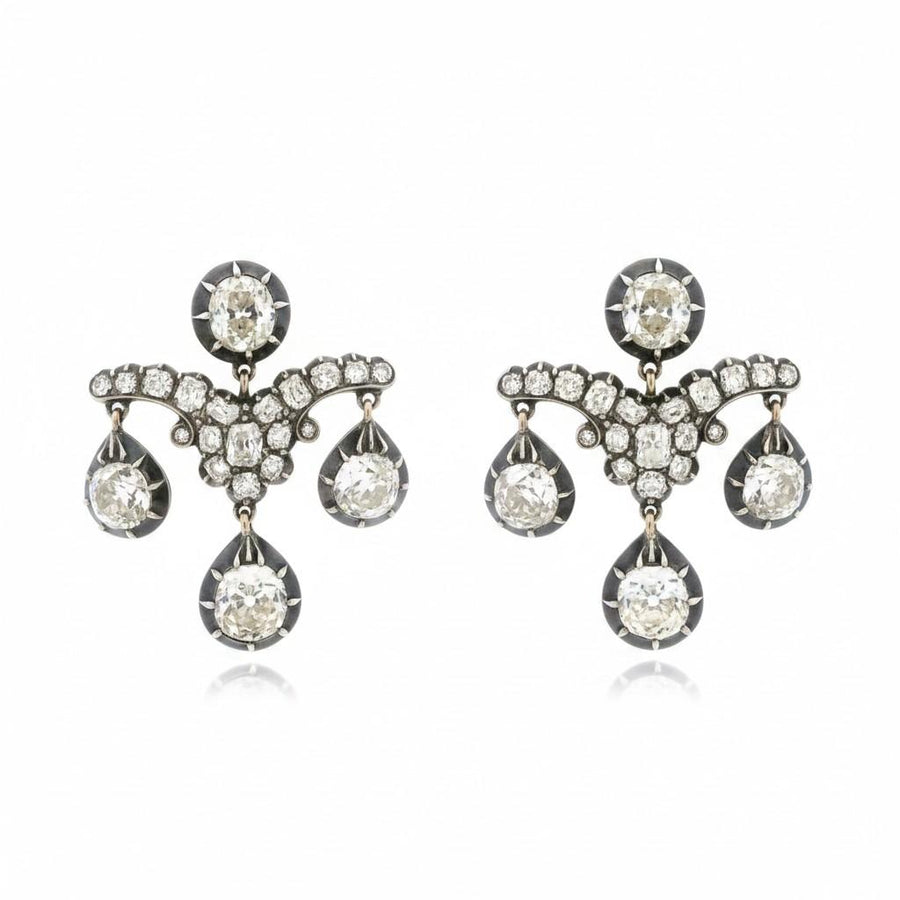 Victorian Old Mine Cut Diamond Silver Topped Gold Chandelier Earrings