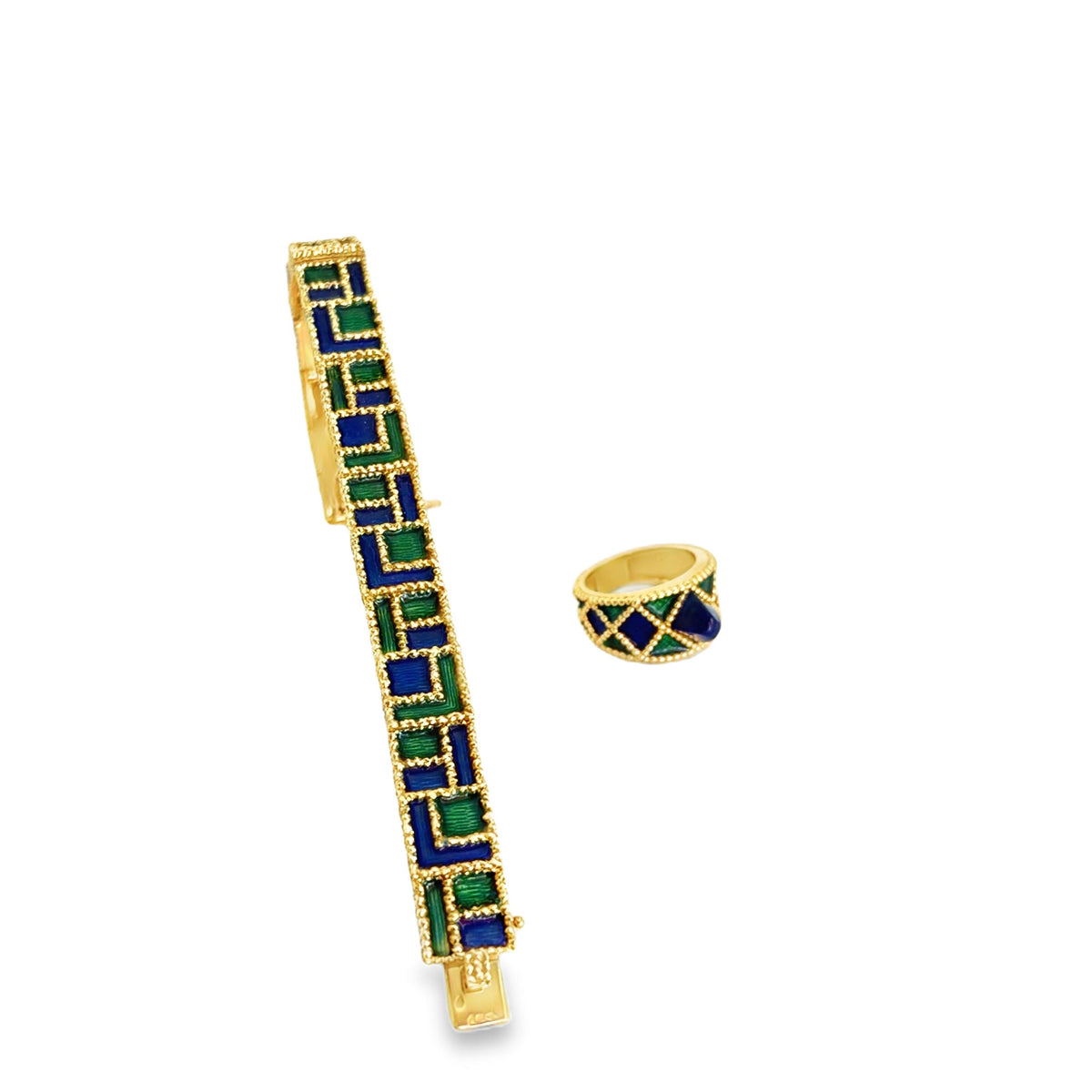 1970s Fred Paris Enamel and 18K Gold Bracelet and Ring Set