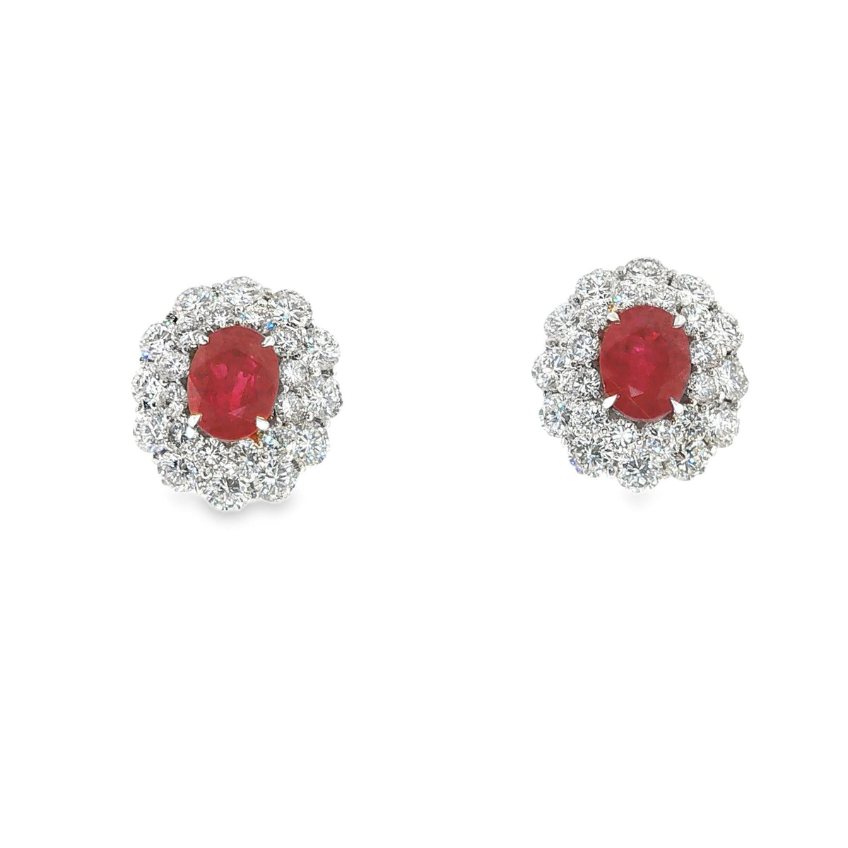 Burmese Ruby and Diamond Cluster Earrings in Platinum