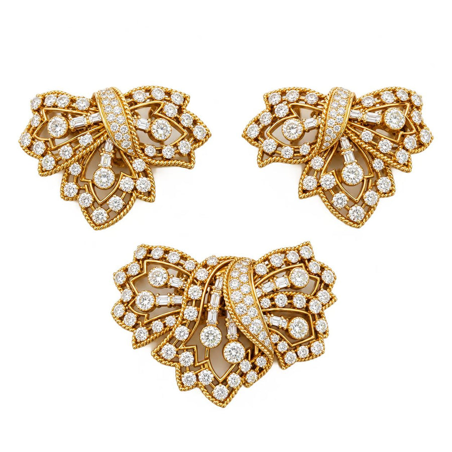 Cartier Diamond Ribbon Bow Brooch Suite in 18K Yellow Gold, 1950s