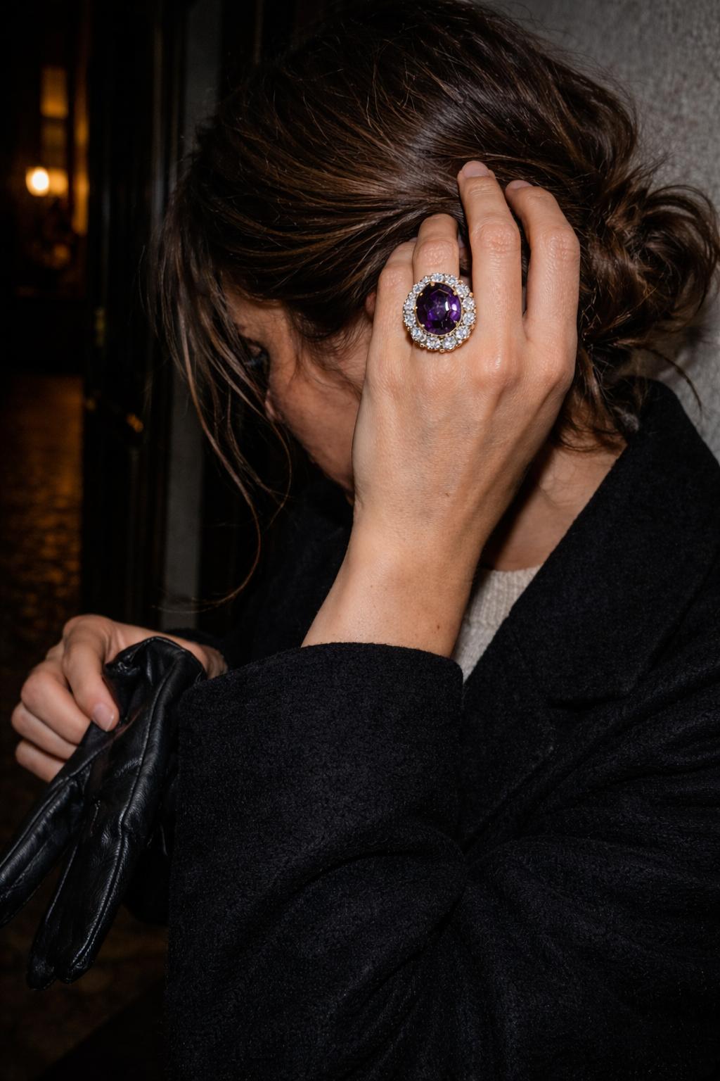 18K Yellow Gold & Platinum   Modern Amethyst  Diamond  Ring