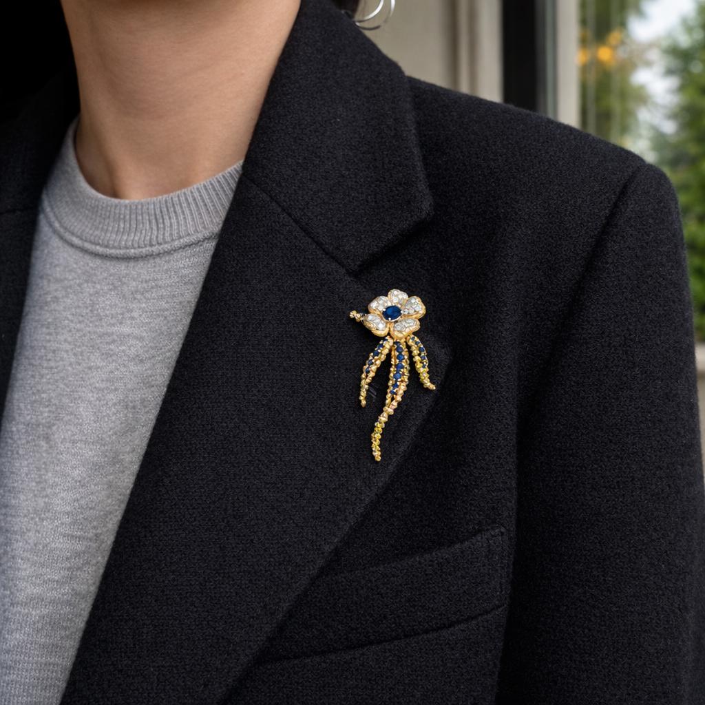 18K Sapphire Diamond Flower French Brooch 1970