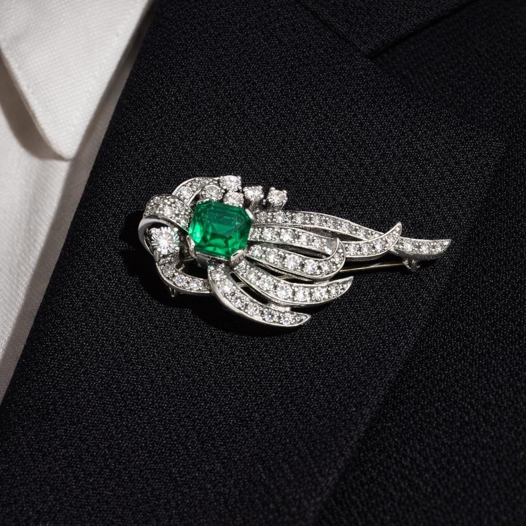 Platinum  1940s Diamond  Emerald Pin