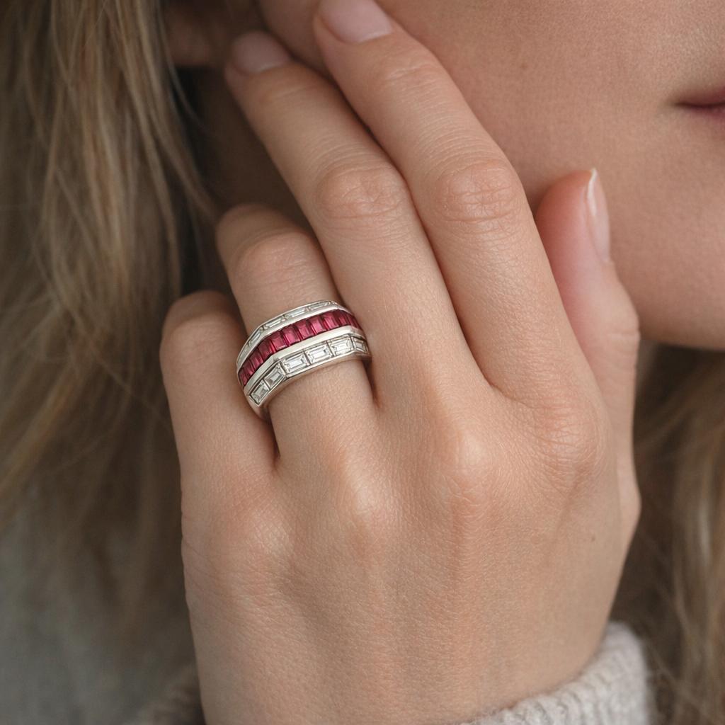 French Art Deco Platinum Ruby and Diamond Ring