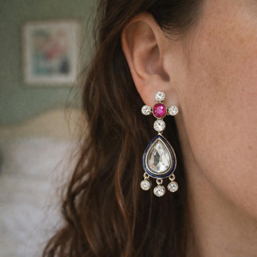 Gold, Silver, Enamel, Ruby, and Diamond Earrings