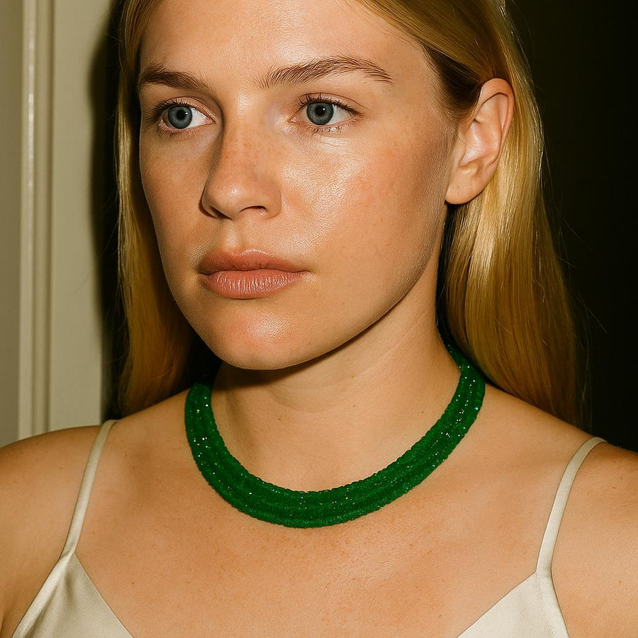 Vintage Five-Strand Emerald Bead Necklace with Diamond Platinum Clasp, second view