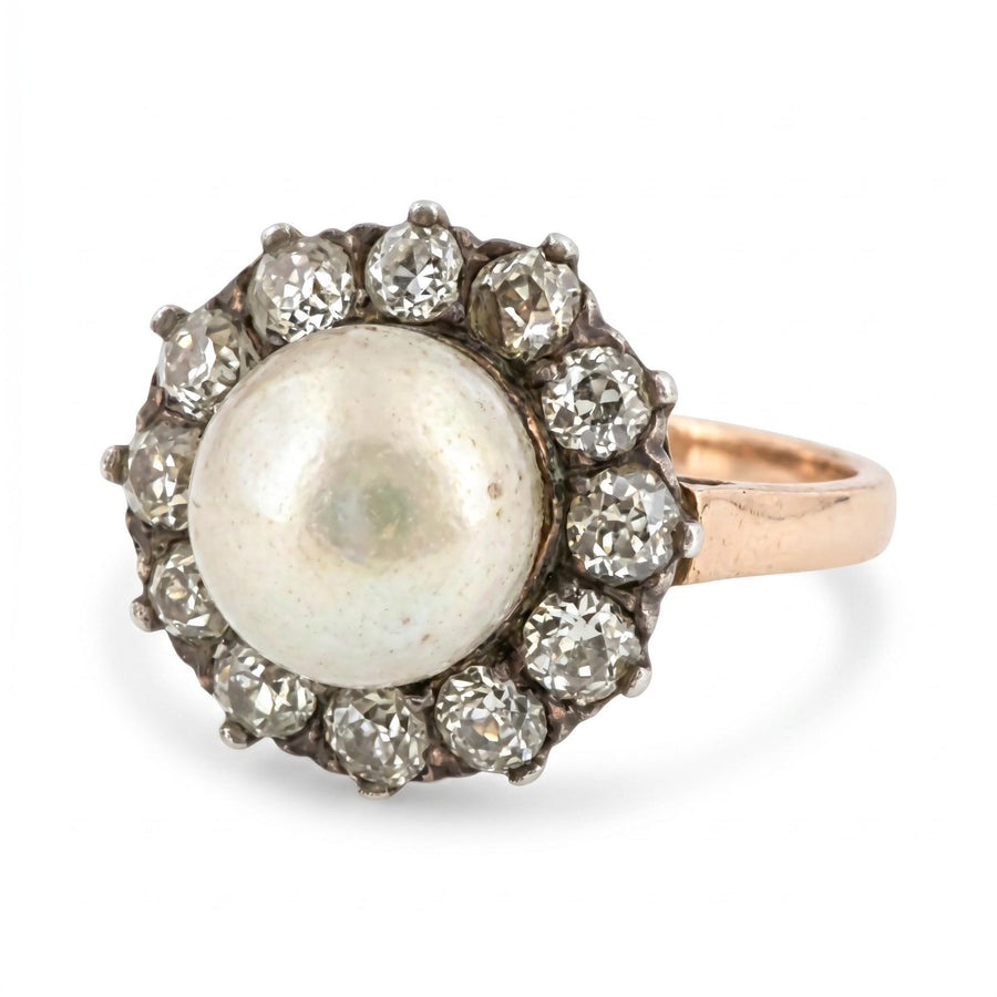 18K Gold Victorian Natural Pearl Diamond Ring