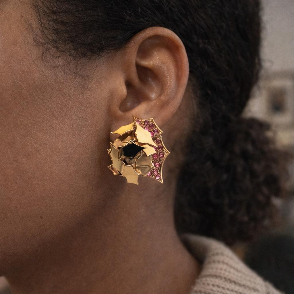 Ruby and Gold Sculptural Earrings  Circa 1980.