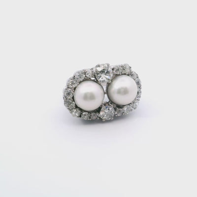 18K White Gold Retro Diamond Pearl Ring