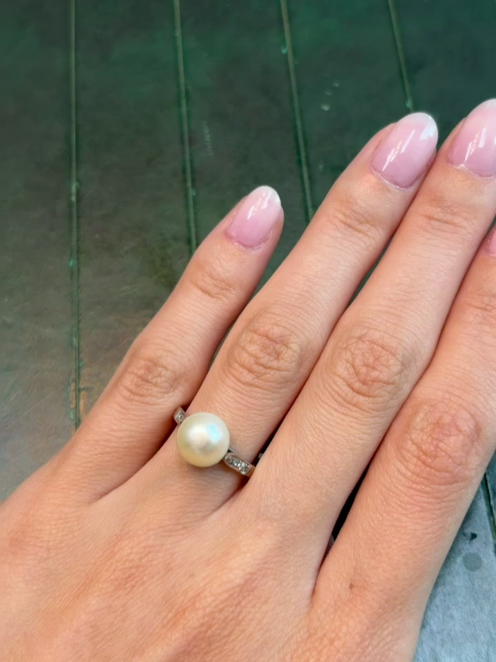 1910 French Platinum Ring with Natural Saltwater Pearl and Diamonds