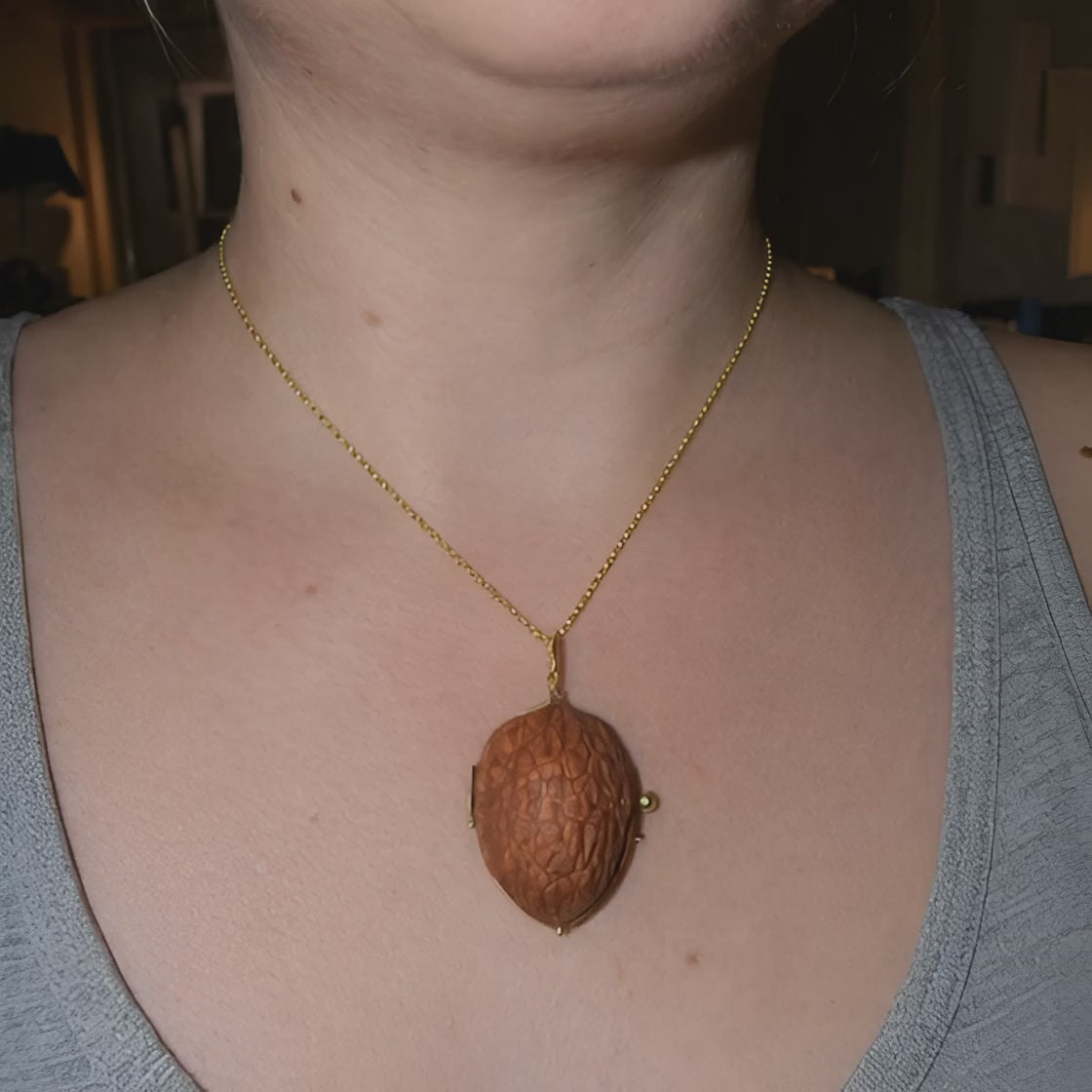 Gold and Walnut Double-Locket Pendant with Diamonds