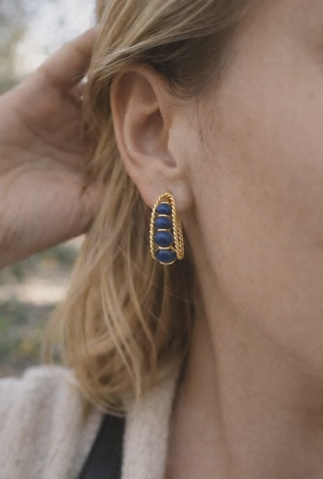 Italian Lapis Bead and Gold Earrings, circa 1980s