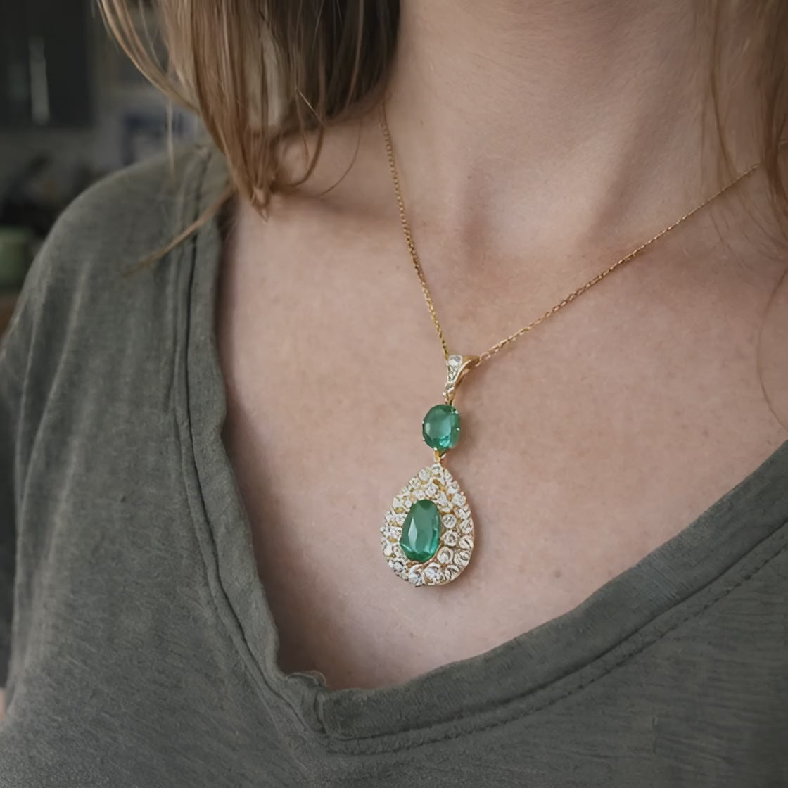 Yellow Gold Emerald and Diamond Pendant | SSEF Certified