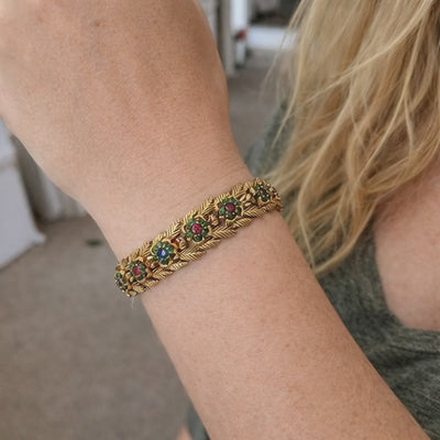 Emerald, Ruby and Sapphire 18k Yellow Gold Floral Bracelet, France 1960's