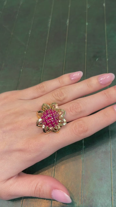 18K Yellow Gold Mauboussin Burma No Heat Ruby Flower Retro Ring