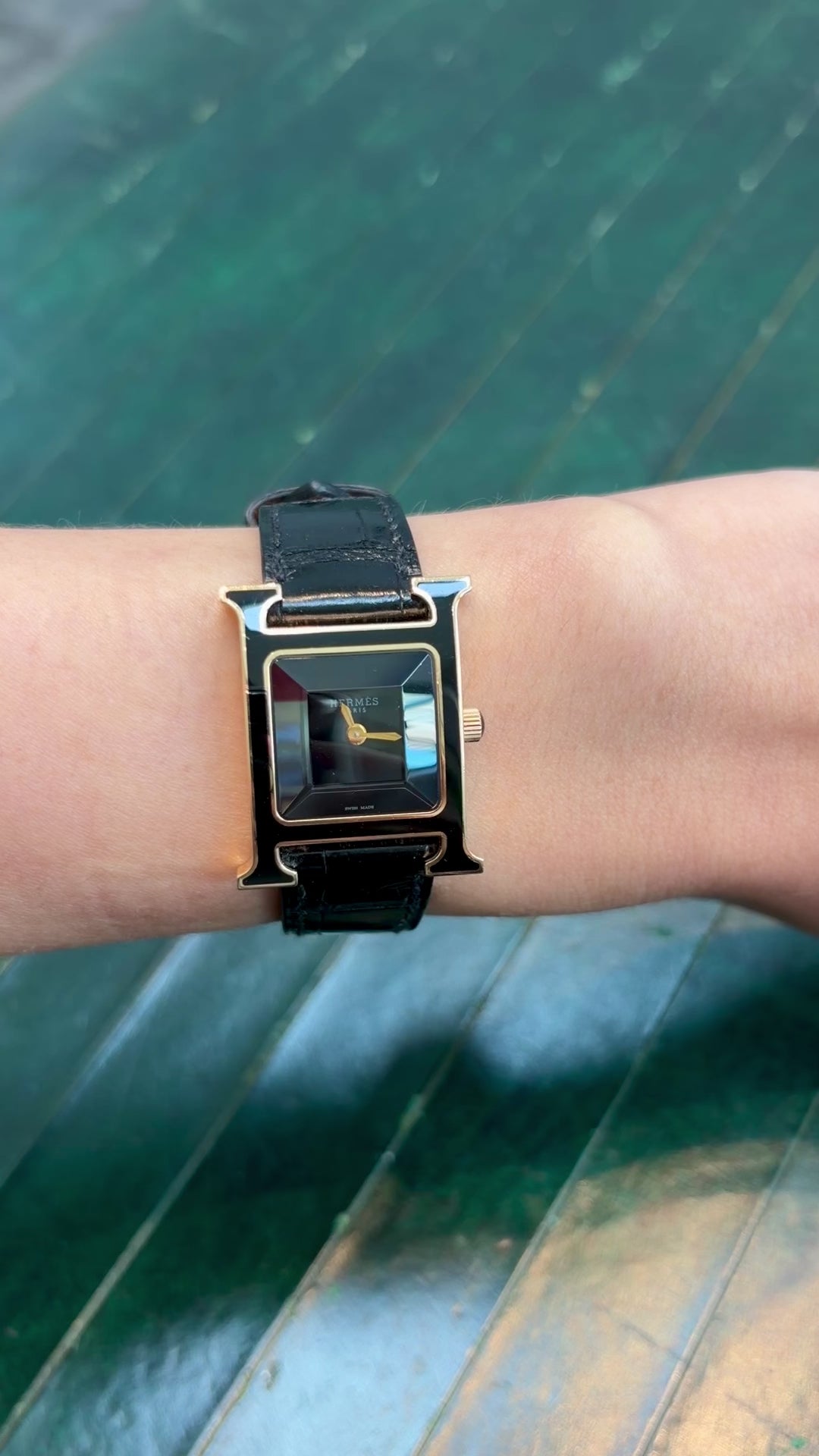 Hermès Heure H Black Enamel Watch in 18K Rose Gold, 1990s