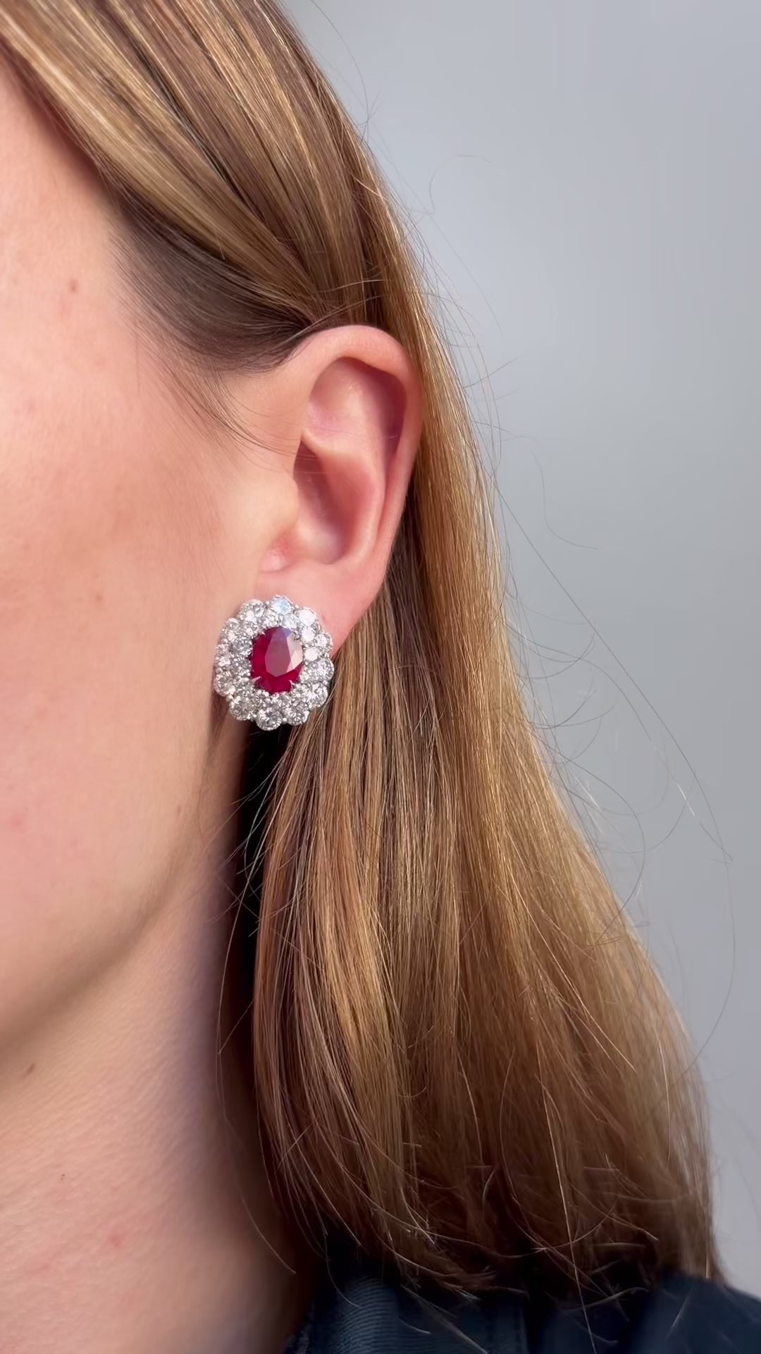 Burmese Ruby and Diamond Cluster Earrings in Platinum