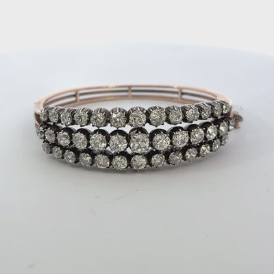 Victorian Three-Row Diamond Bangle Old Mine Cut Diamonds, 18K Gold & Silver