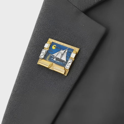 1930's Sailboat Enamel and Gold Brooch with Dice Motif