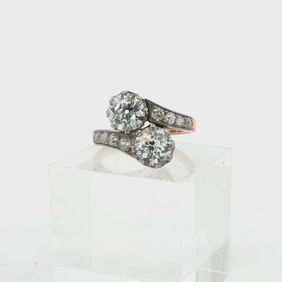 French Victorian Diamond Toi et Moi Ring in Platinum and Gold