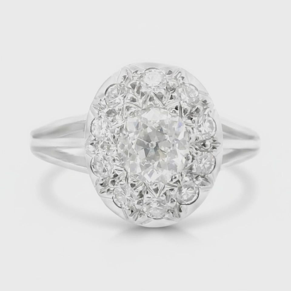 French Art Deco Diamond Cluster Ring in 18k White Gold (1.15 cts)