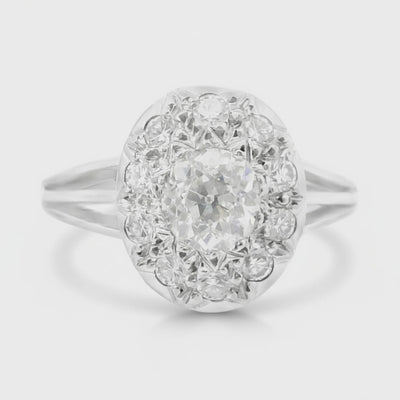 French Art Deco Diamond Cluster Ring in 18k White Gold (1.15 cts)