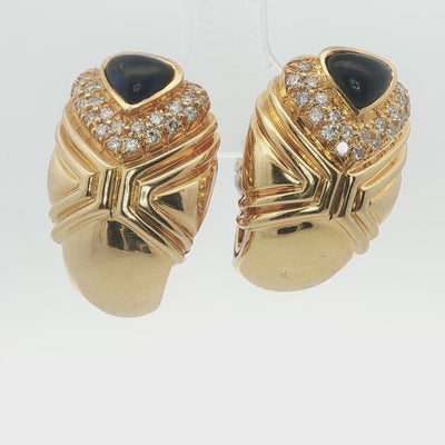 18k Yellow Gold   Vintage Cabochon Sapphire & Diamond  Earrings  - 17.1DWT
