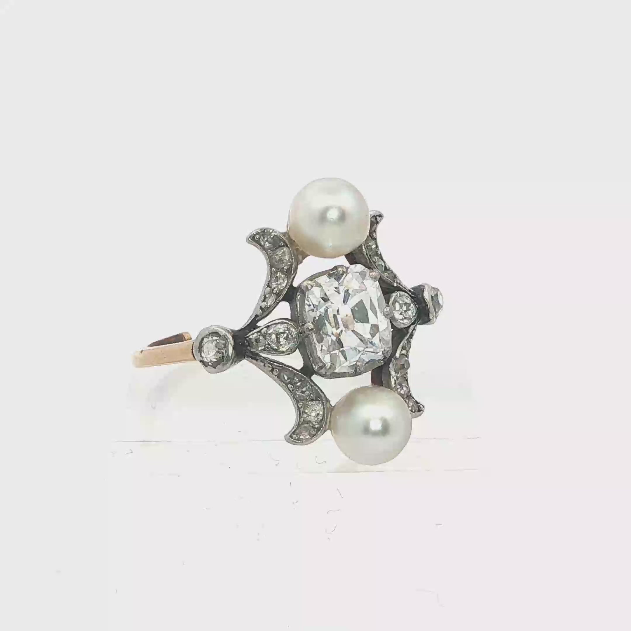 18K Gold Platinum French Belle Epoque Diamond Naturel Pearl Ring