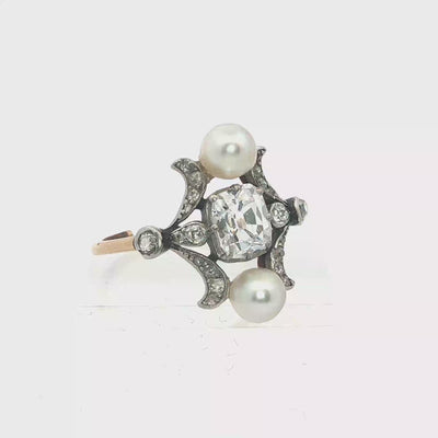 18K Gold Platinum French Belle Epoque Diamond Naturel Pearl Ring