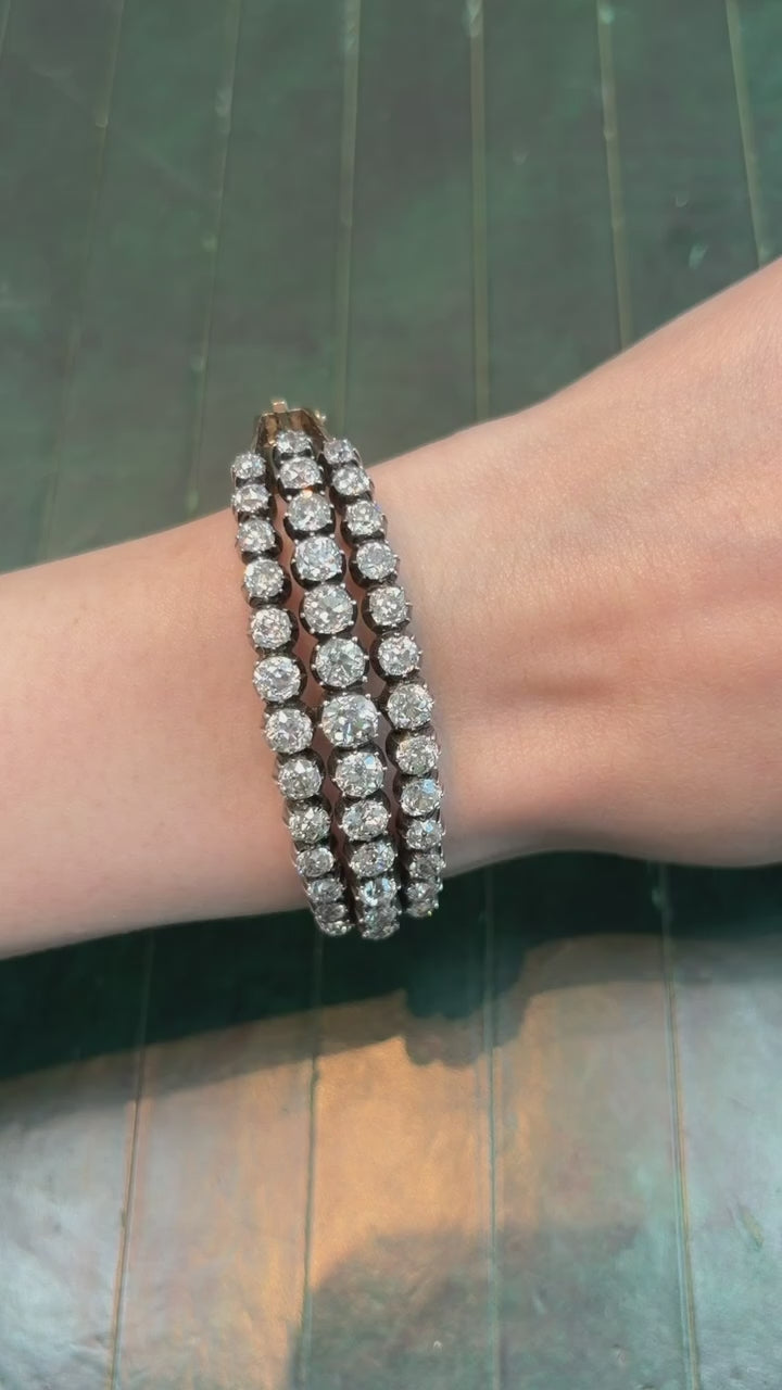 Victorian Old Mine Cut Diamond Three Row Bangle in Silver Topped Gold