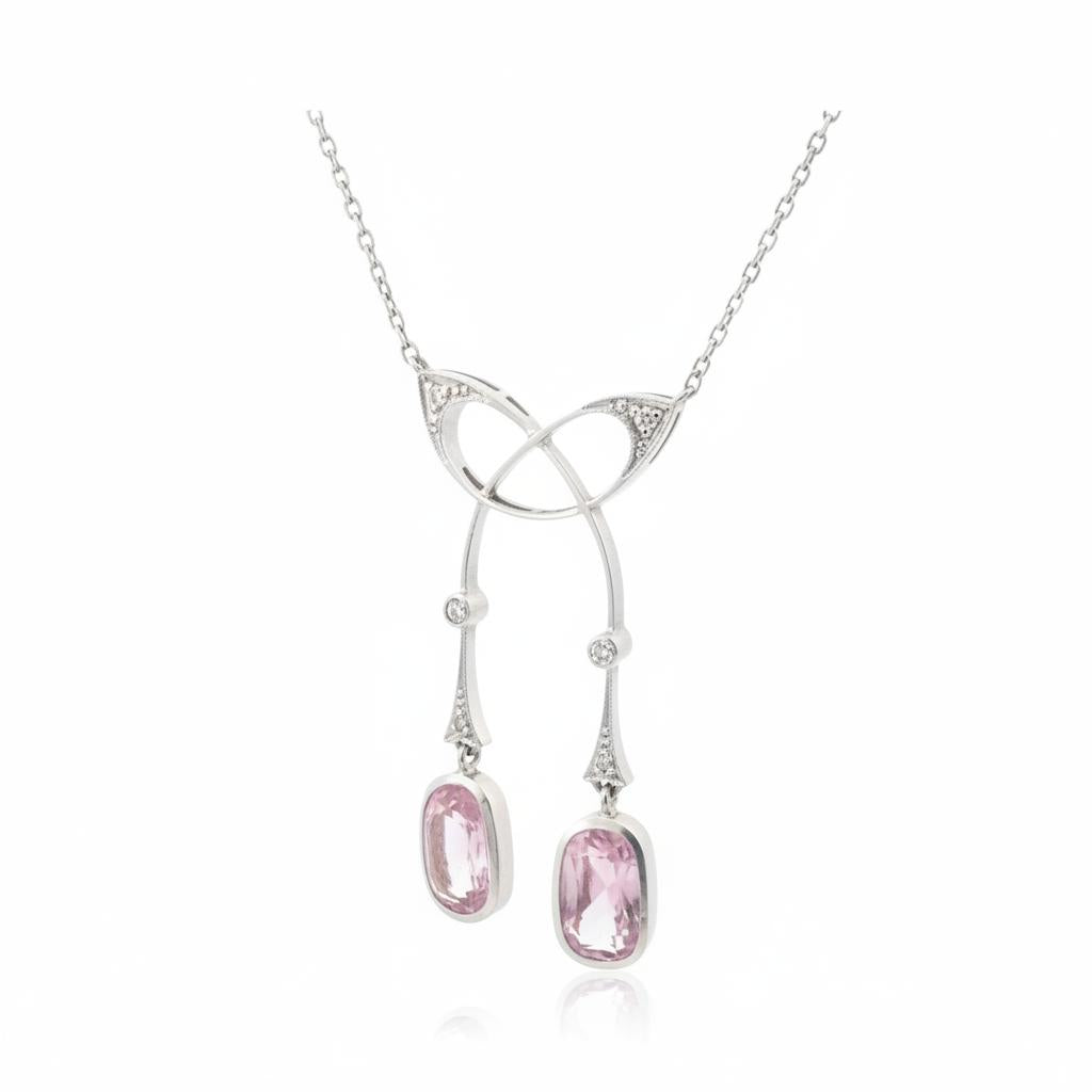 Edwardian Pink Topaz and Diamond Pendant Necklace in Platinum and 18K Gold, view 3