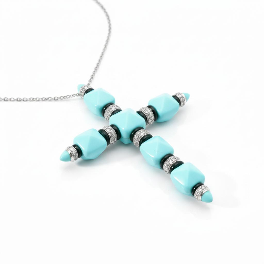 Italian Turquoise, Onyx and Diamond Cross Pendant in 18K White Gold, view 4