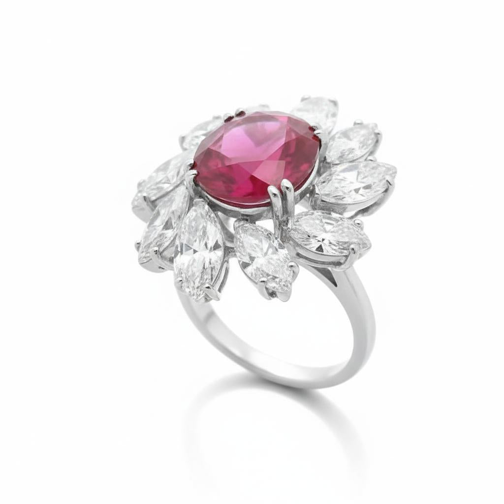 Platinum Ring with 3.27-Carat  Ruby and Pear-Cut Diamonds