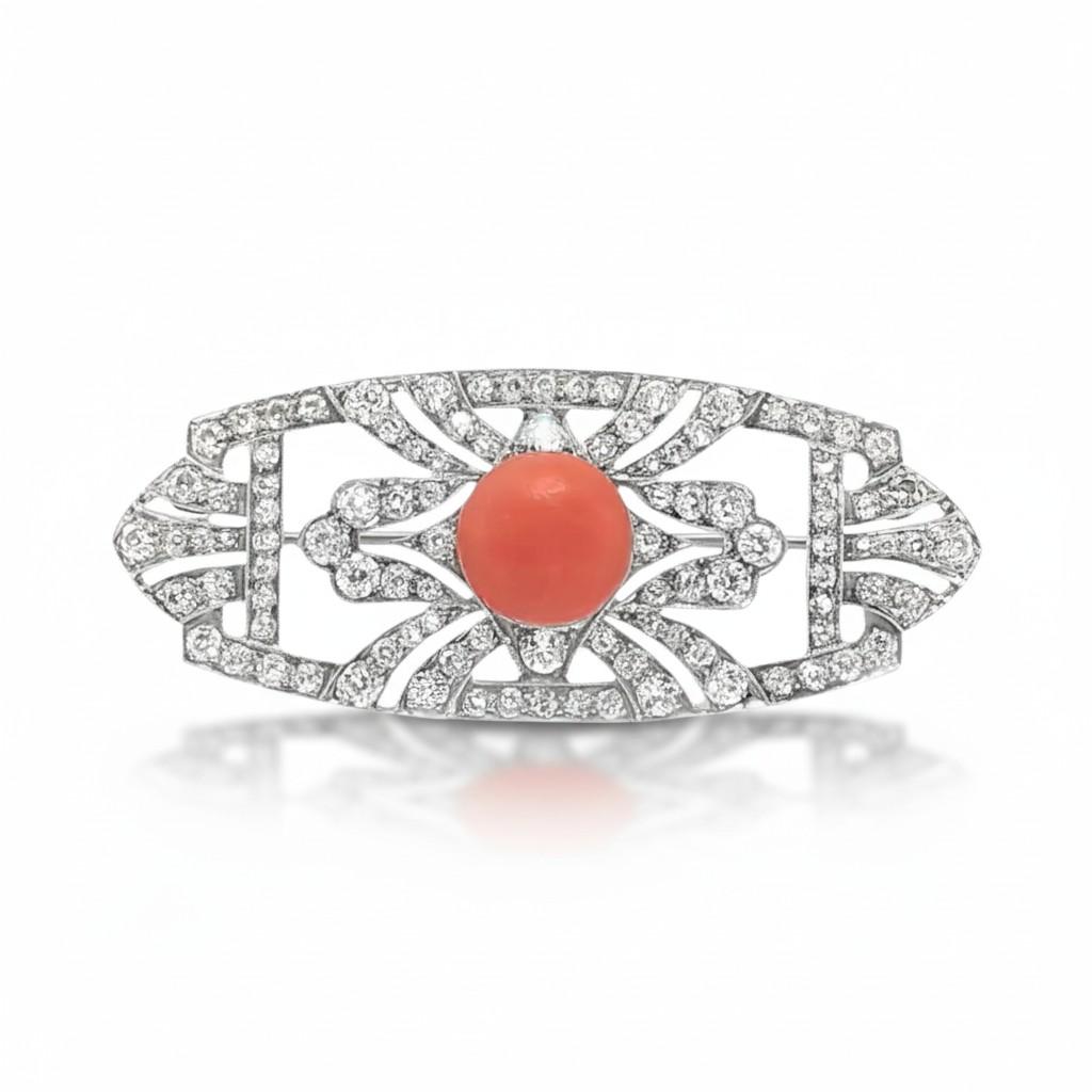 Platinum Art Deco Diamond Coral Geometrical Brooch Pendant