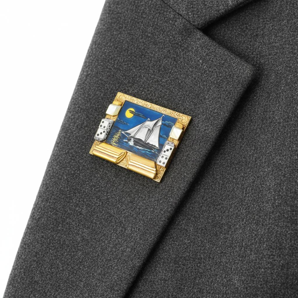 1930's Sailboat Enamel and Gold Brooch with Dice Motif