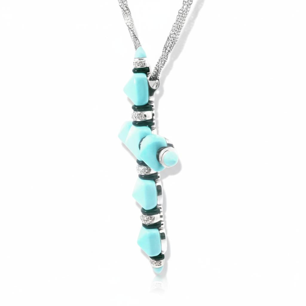 Italian Turquoise, Onyx and Diamond Cross Pendant in 18K White Gold, view 7