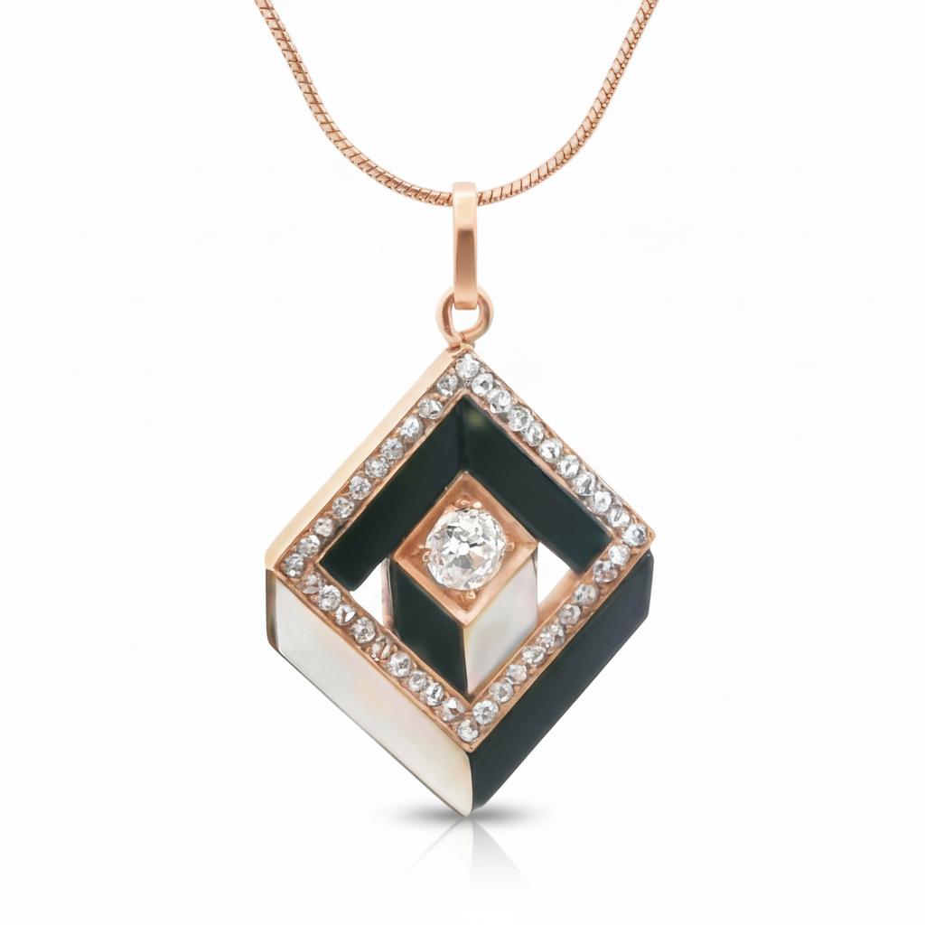 Antique Geometric Onyx, Mother-of-Pearl & Diamond Pendant