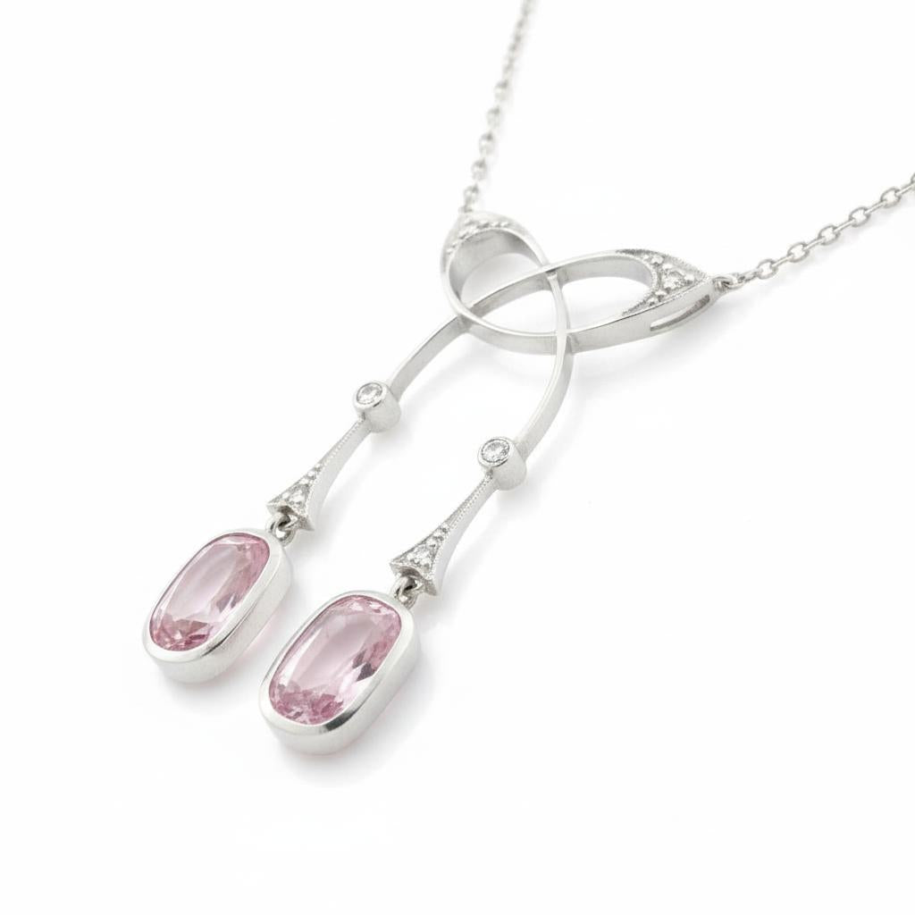 Edwardian Pink Topaz and Diamond Pendant Necklace in Platinum and 18K Gold, view 5