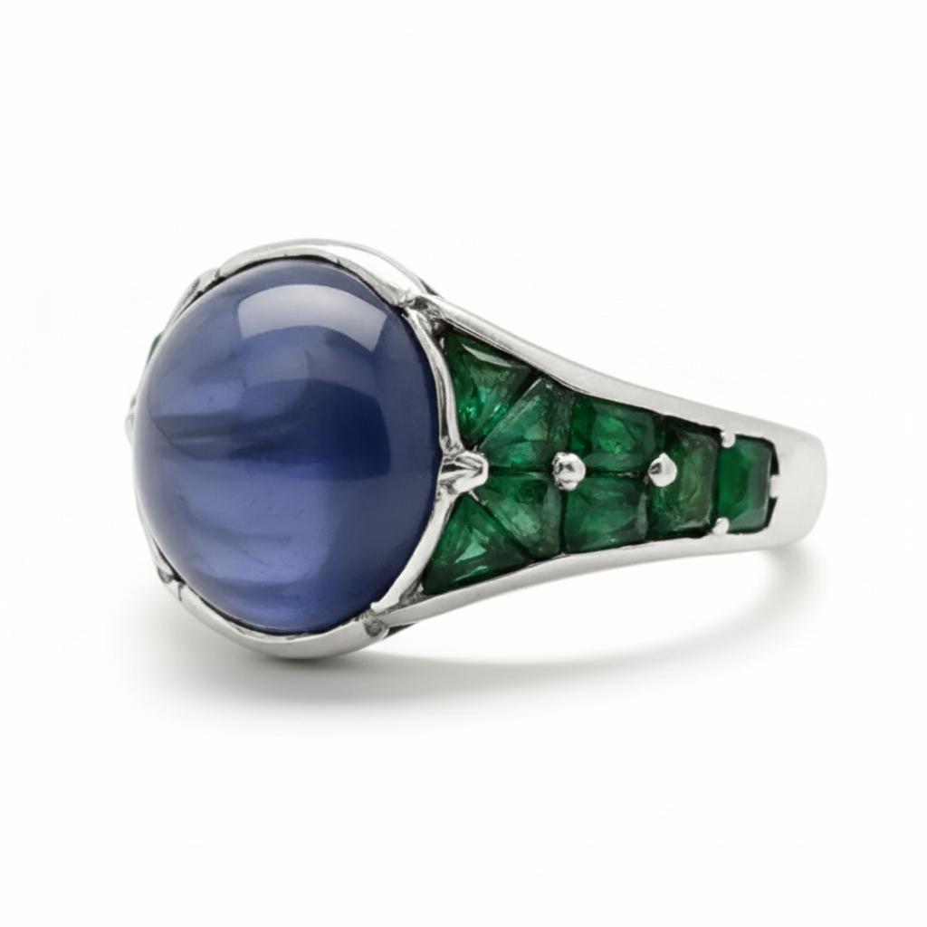 Sugarloaf Sapphire, Emerald, and Diamond Ring   Platinum · France · Circa 1925