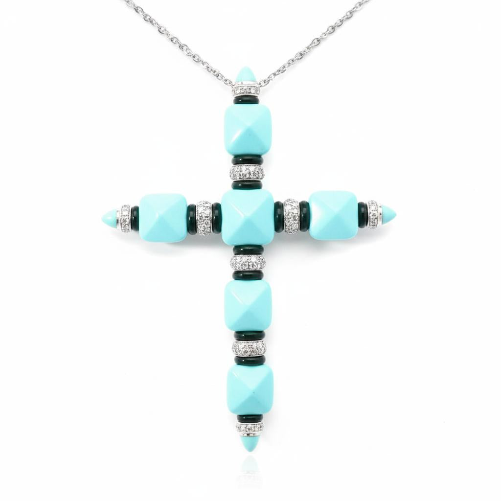 Italian Turquoise, Onyx and Diamond Cross Pendant in 18K White Gold, view 3