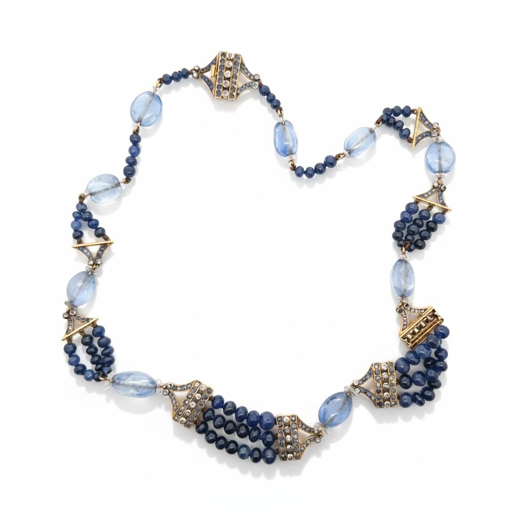 A sapphire and diamond bead necklace.