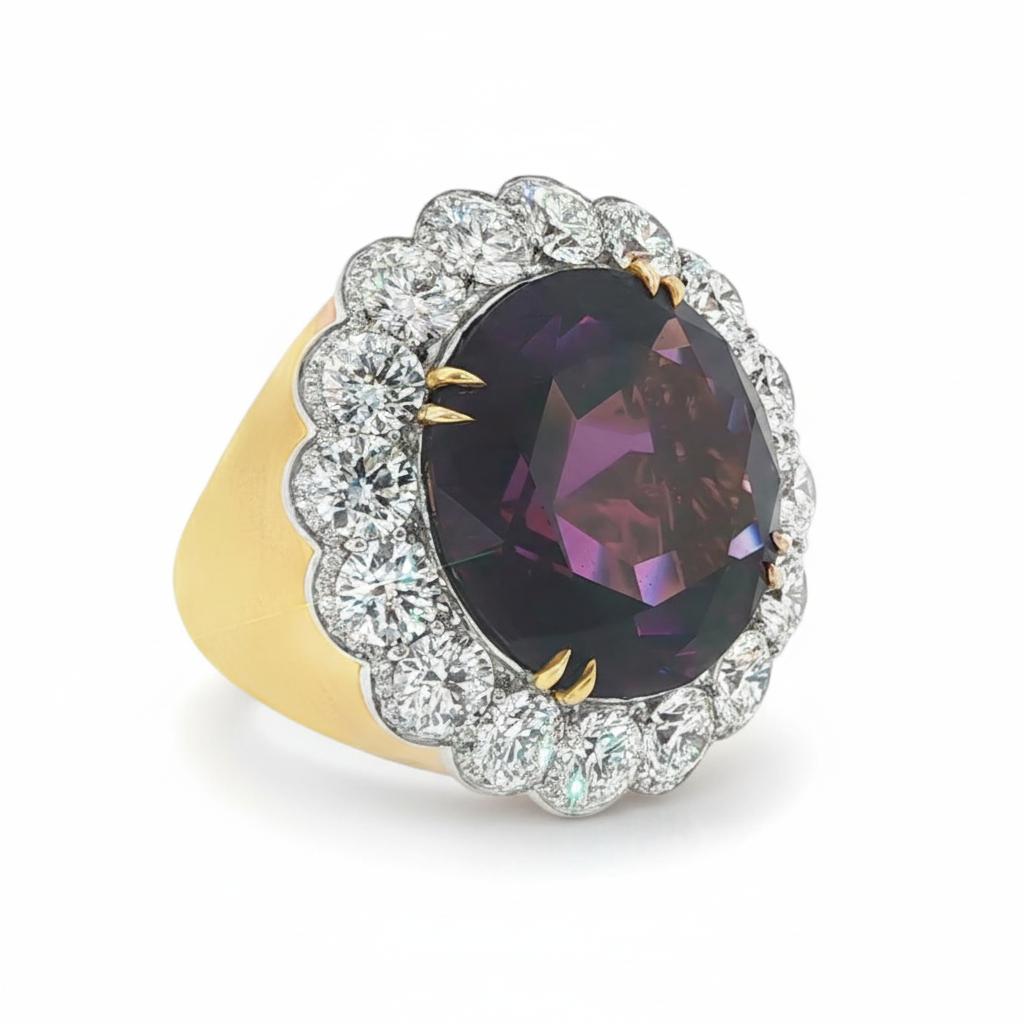18K Yellow Gold & Platinum   Modern Amethyst  Diamond  Ring