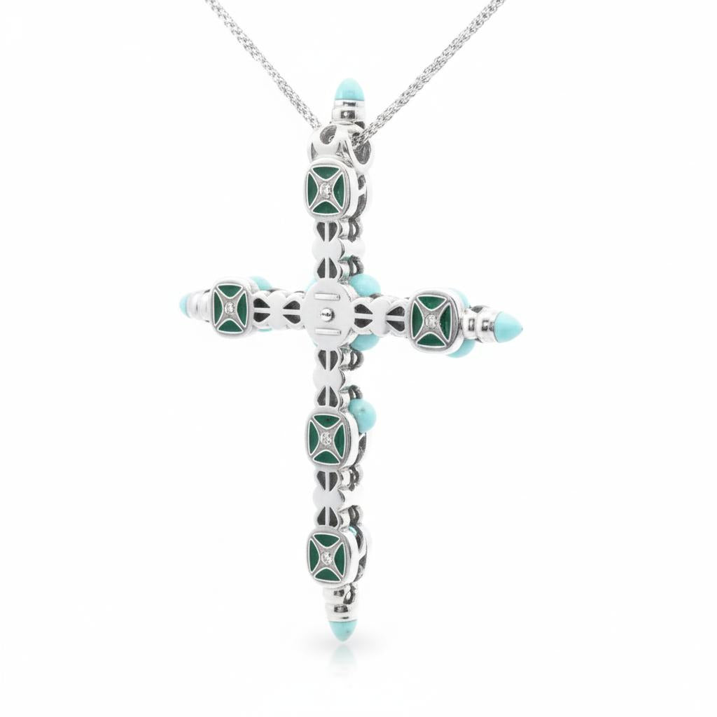 18k White Gold  Italian Vintage Diamond  Turquoise Onyx Cross Pendant