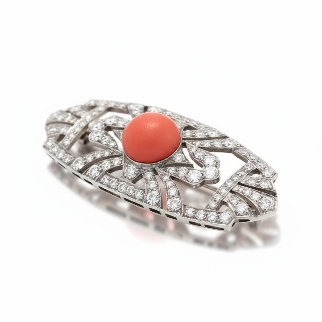 Platinum Art Deco Diamond Coral Geometrical Brooch Pendant