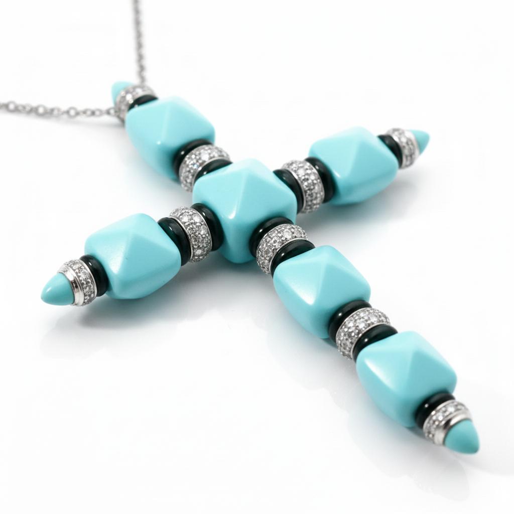 18k White Gold  Italian Vintage Diamond  Turquoise Onyx Cross Pendant