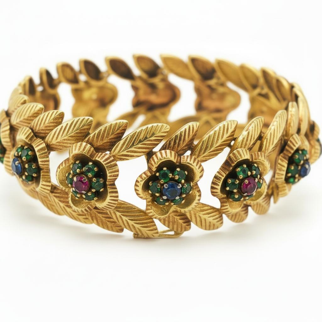 Emerald, Ruby and Sapphire 18k Yellow Gold Floral Bracelet, France 1960's
